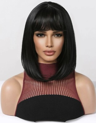 Perruque Synthétique Courte Style Carré Noir - Avec Frange Et 4 Bonnets Inclus