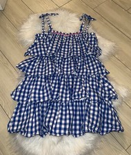 J Crew Crewcuts Gingham Cotton Dress Tiered Ruffles Tie Strap Girls Size 6 Blue