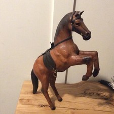 Vintage 13" Paper Mache Leather Brown Horse Statue Rearing With Saddle Bridle