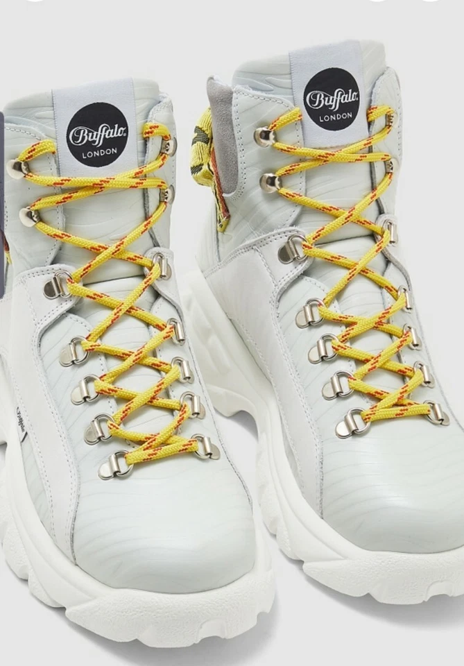 Bota de plataforma Buffalo London nueva sin etiquetas de cuero Giselle gris amarillo parte superior alta talla 7,5 Foto 3 de 4