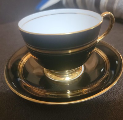Aynsley England Bone China Tea Cup Saucer Glossy Black w Gold stripe 1930s  VTG 