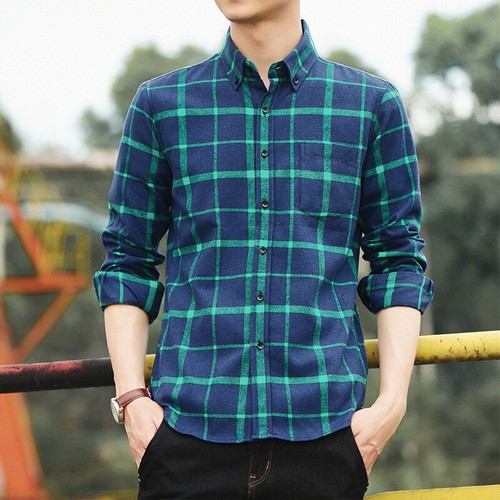 Spring and Autumn Men's Retro Plaid Fashion Casual Long Sleeve Button Shirt Top - Picture 45 of 48