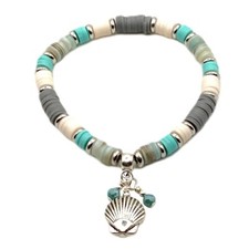 Polymer Clay Heishi and Natural Shell Stretch Bracelet - Coastal Vibes- Handmade