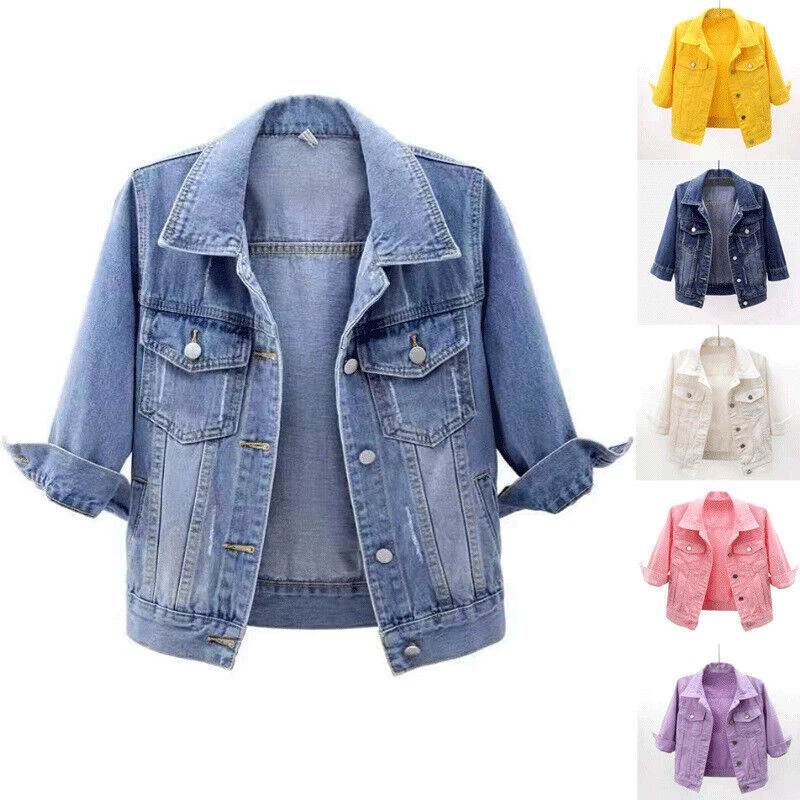 Womens Denim Jacket Lady Coat Color Plain Top Button Up Ladies Short Jean Top