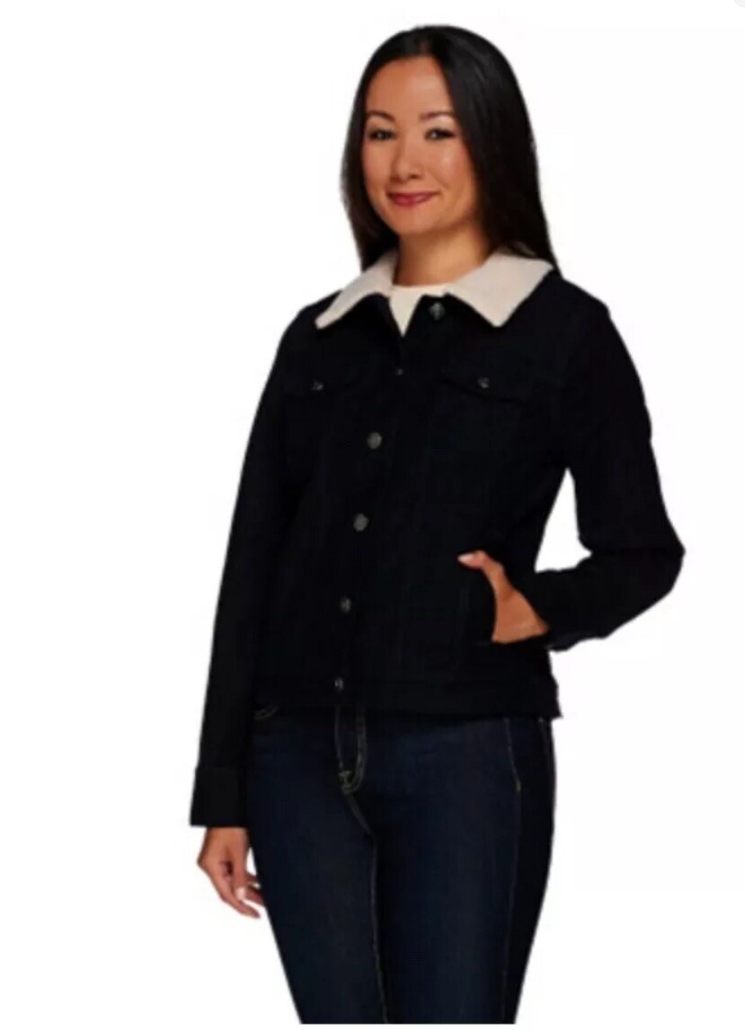 ここあ Isaac Mizrahi Live! Moleskin Jacket w/ Faux Shearling Black Reg 6