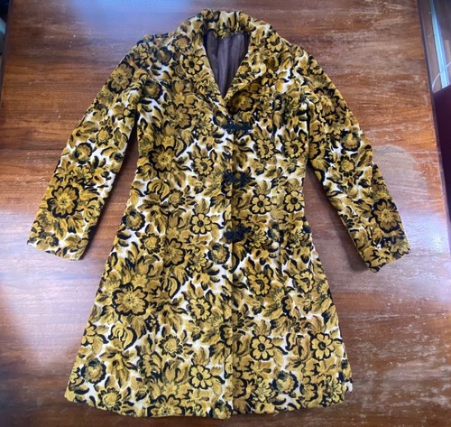 Vintage 60s 70s Floral Carpet Tapestry Midi Trench Coat XS/S NEEDS LINING Mod