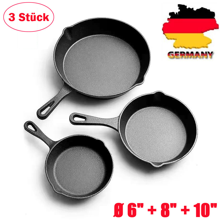 3er Gusseisenpfanne Eisenpfanne Gusseisen Bratpfanne für Herd Backofen Grill