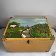 Vintage Tole Hand Painted Wooden Storage Trunk Folk Art Chest Geese Signed 1989
