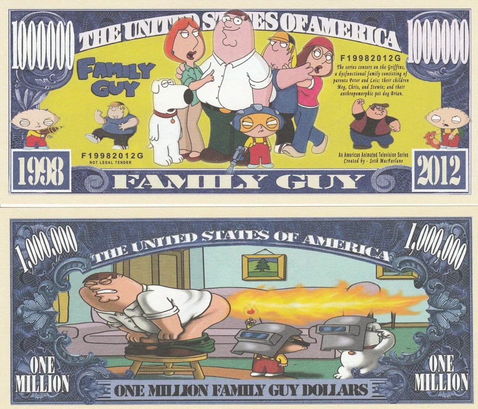 Family Guy Million Dollar Bill Play Funny Money Novelty Note + FREE SLEEVE
