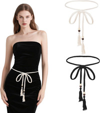 2 Pcs Rope Belts for Women Trendy, Thin Tassel Braided Boho Rope Belt Waist Cott