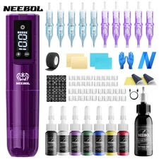 Complete Tattoo Pen Kit Wireless Tattoo Gun with Needles Ink Tattoo SupplyPurpl