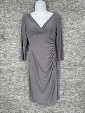 Lauren Ralph Lauren Dress Womens 2 Gray Ruched V Neck 3/4 Sleeve Sheath