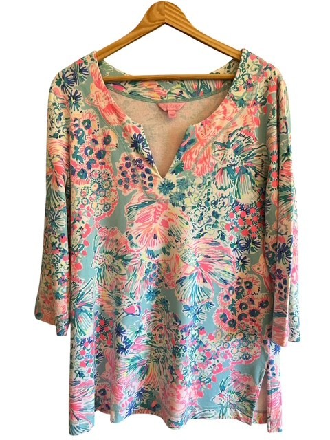 Lilly Pulitzer Justina Tunic Top Womens Large 3/4 Sleeve V-Neck Floral Undersea