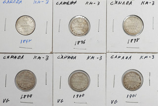 Six Canada 10 Cents Silver coins in VG to VF condition Mix Lot 1892 1901 (421)