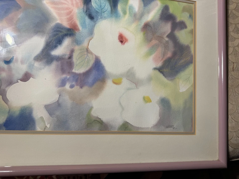 Pintura em aquarela grande Barbara Nechis (b 1937) "cena floral" - Assinada/emoldurada - Imagem 4 de 4