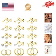 Small Hypoallergenic Flat Back Stud Earrings for Women Men 14K Gold Plated Su...
