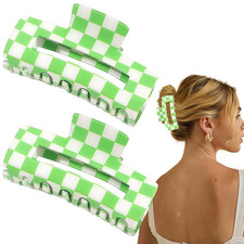 2 PCS Checkered Hair Claw Clips Green Non Slip Hair Jaw Clips Strong Hold Rectan