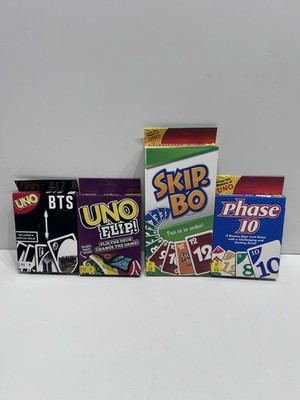 4 Game Lot Of UNO Card Games Skip Bo, Flip, Phase 10, UNO BTS