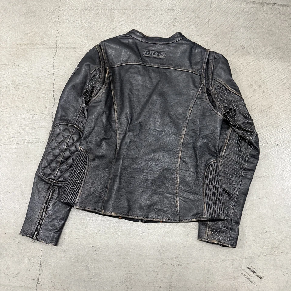 Chaqueta de moto de cuero Bilt vintage acolchada con forro negra talla grande Foto 4 de 4