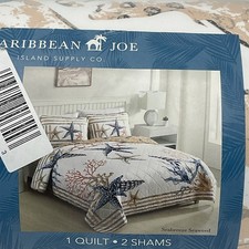 Caribbean Joe Full/Queen 3pc Quilt Set Seabreeze Seaweed White/Tan
