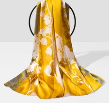 100% Silk mulberry Scarf Women neckerchief Shawl Wrap floral yellow gray MY200