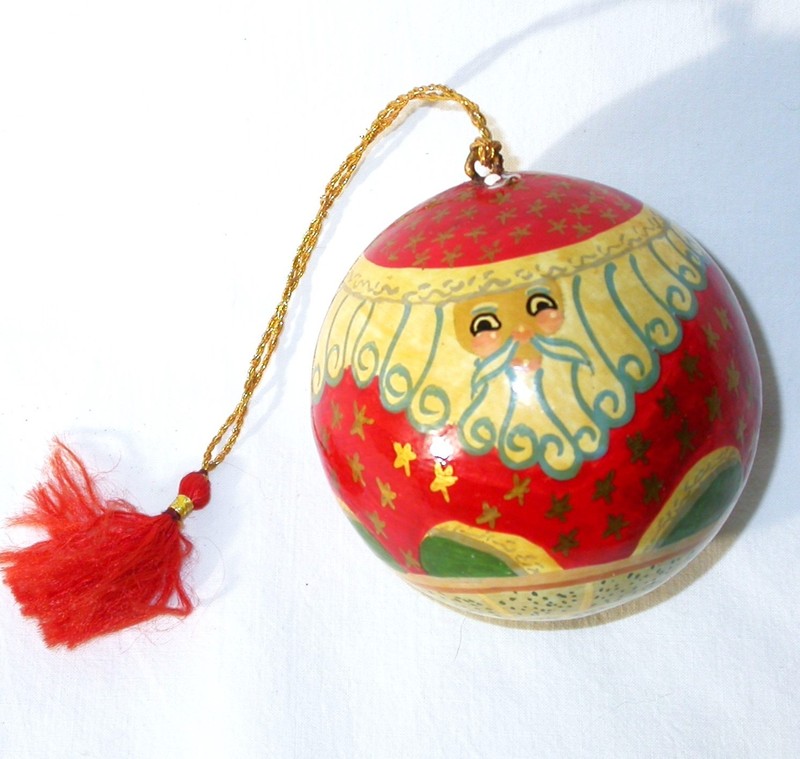 Vintage Papier Mache Santa Claus Christmas Ball Ornament with Tassel Handpainted