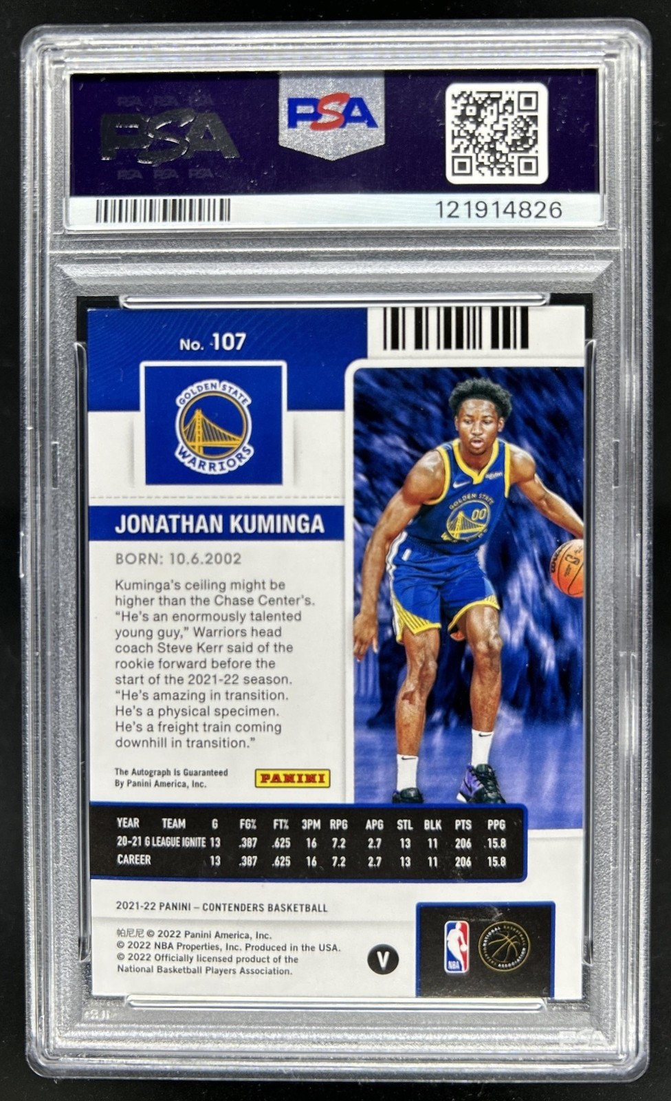 2021-22 Contenders Jonathan Kuminga SP Cracked Ice Ticket Auto RC VAR #/25 PSA 8 view 2