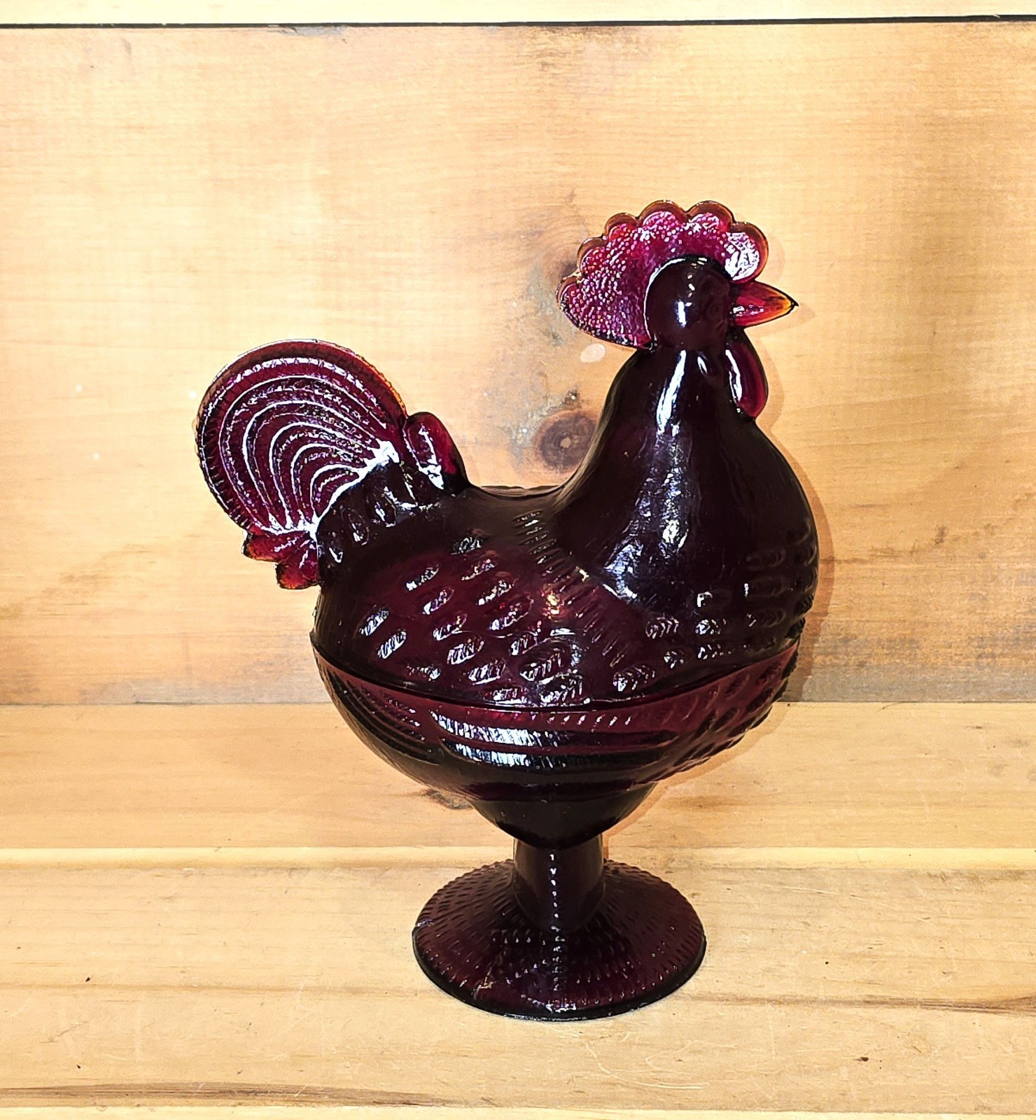 1 Dark Red Rooster on a Nest Candy Dish. 6-1/2"L x 4"W x 8-1/2"H.