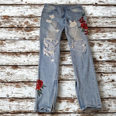 Festival Y2K Goth Metal Y & R Thrashed Distressed Jeans Embroidered Roses Sz 30