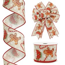 Christmas Wired Edge Ribbon Gingerbread Candy Cane 2.5 Inch x 12 Yard Decor