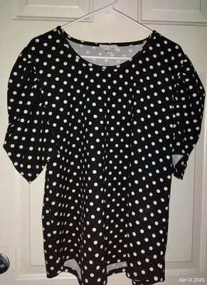 Women's C est La Vie Blouse, Black/White Polka Dot,  puff Sleeves, Size XL