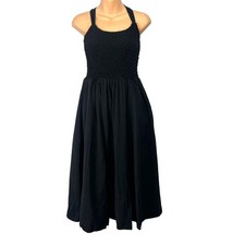 Wilfred Aritzia Alice Black Smocked Midi Dress S Straps Pockets Vacation Beach