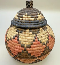 Vintage African Coiled Basket w/ Lid- Traditional Handwoven Storage Basket 6.5"