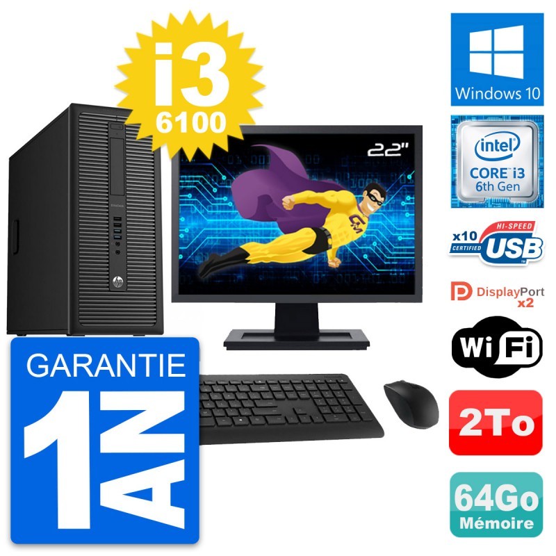 PC Tour HP 800 G2 Ecran 22" Intel i3-6100 RAM 64Go Disque Dur 2To Windows 10 Wif
