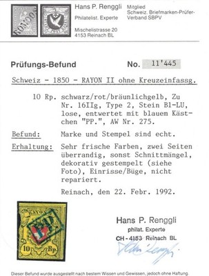 SCHWEIZ 1850 RAYON II - 10 RP. - 16 II - MIT ZERTIFIKAT