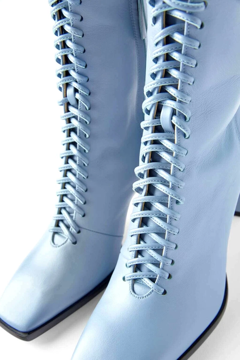 NWT ZARA BLUE RUNWAY COLLECTION LACE UP HIGH HEEL BLUE LEATHER BOOTS 7US 38EUR