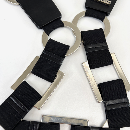 Vintage Suzi Roher Women's ca. Medium Black Metal O-Ring Belt Leather & Elastic - Picture 8 of 20