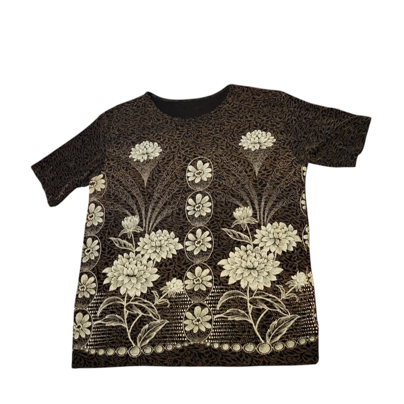 Flower Print Brown Womens Size Large Short Sleeve Abstract Art Shirt