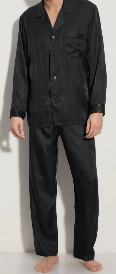 Conjunto de pijama de dos piezas de seda espiga negra Majestic International para hombre talla S