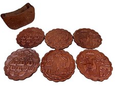 Embossed Scalloped Edge 3.5 Leather Coasters with Holder From Bolivia Set of 6