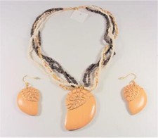 BEACH FASHION WOOD SEASHELL WHITE  BROWN BEADS NECKLACE AND HOOK EARRINGS SET