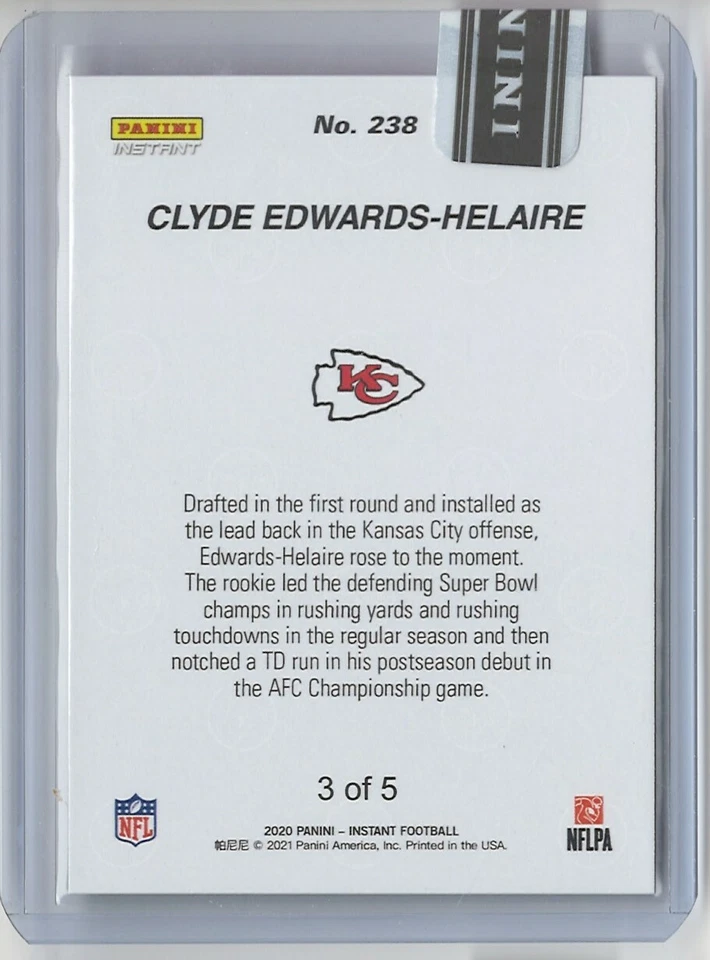 CLYDE EDWARDS-HELAIRE RC SSP 2020 Panini Instant Green 3/5 ROOKIE CHIEFS #238 - Image 2 of 2