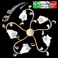PLAFONIERA IN FERRO BATTUTO 5 LUCI AVORIO ORO LAMPADARIO SOFFITTO SOGGIORNO Sara