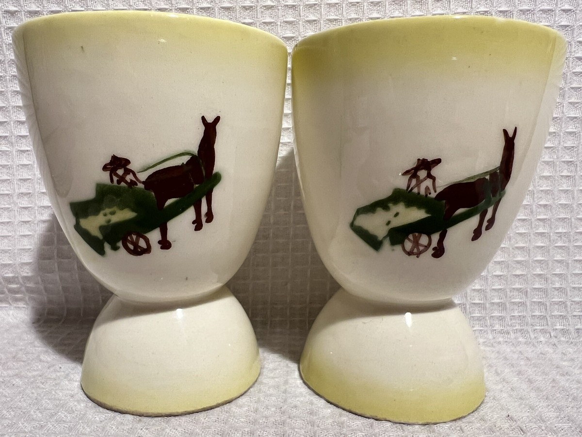 Vtg. Brock Of California-Man/Mule /Wagon-Wh./Yellow Trim-Egg Cup Set (Qty.2)