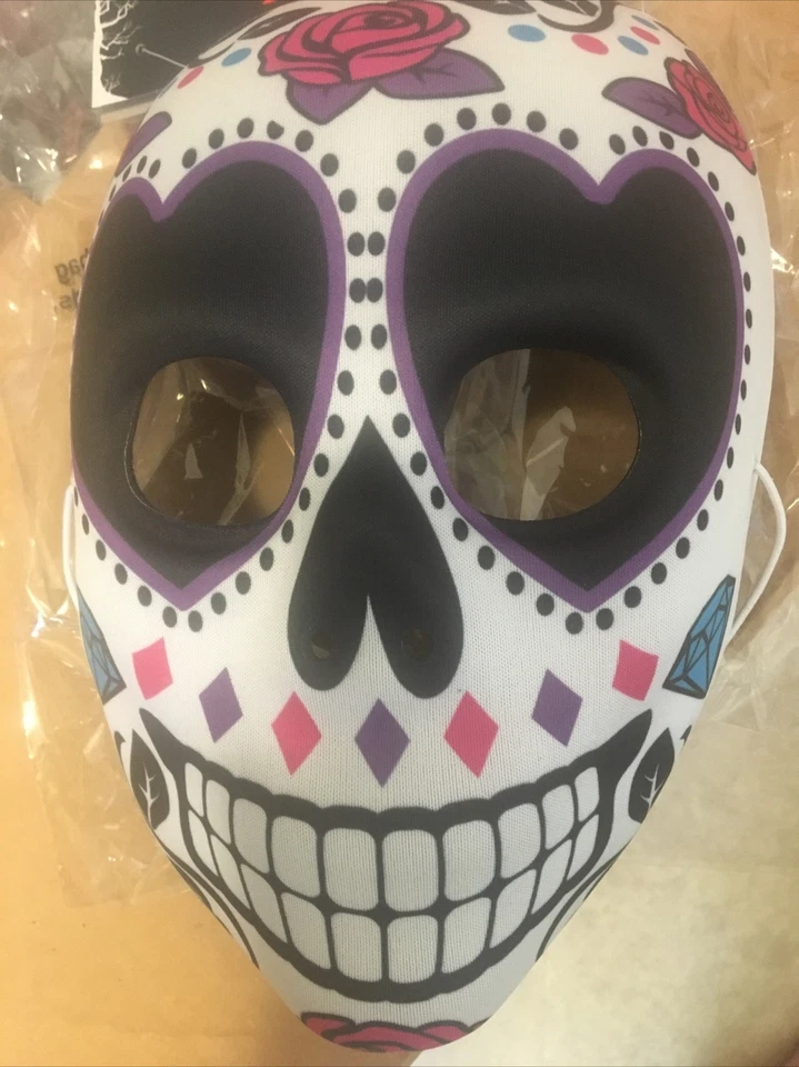 Day Of The Dead  Skull Mask Halloween Purple Pink Blue Black White Girl Rose - Image 2 of 3