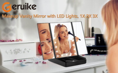 Schwarzer LED Schminkspiegel 22 Lichter Touchscreen dreifach faltbar + abnehmbarer Sockel
