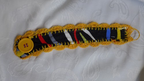 HANDMADE STATEMENT BRACELET FABRIC WITH YELLOW CROCHET NO METAL NO STONE GIFT - Picture 9 of 12