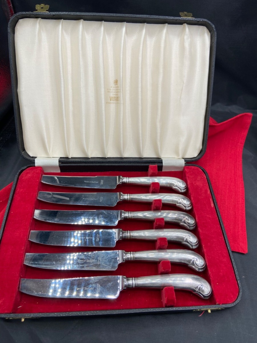 6 Viners of Sheffield England Steak Knives Pistol Handles