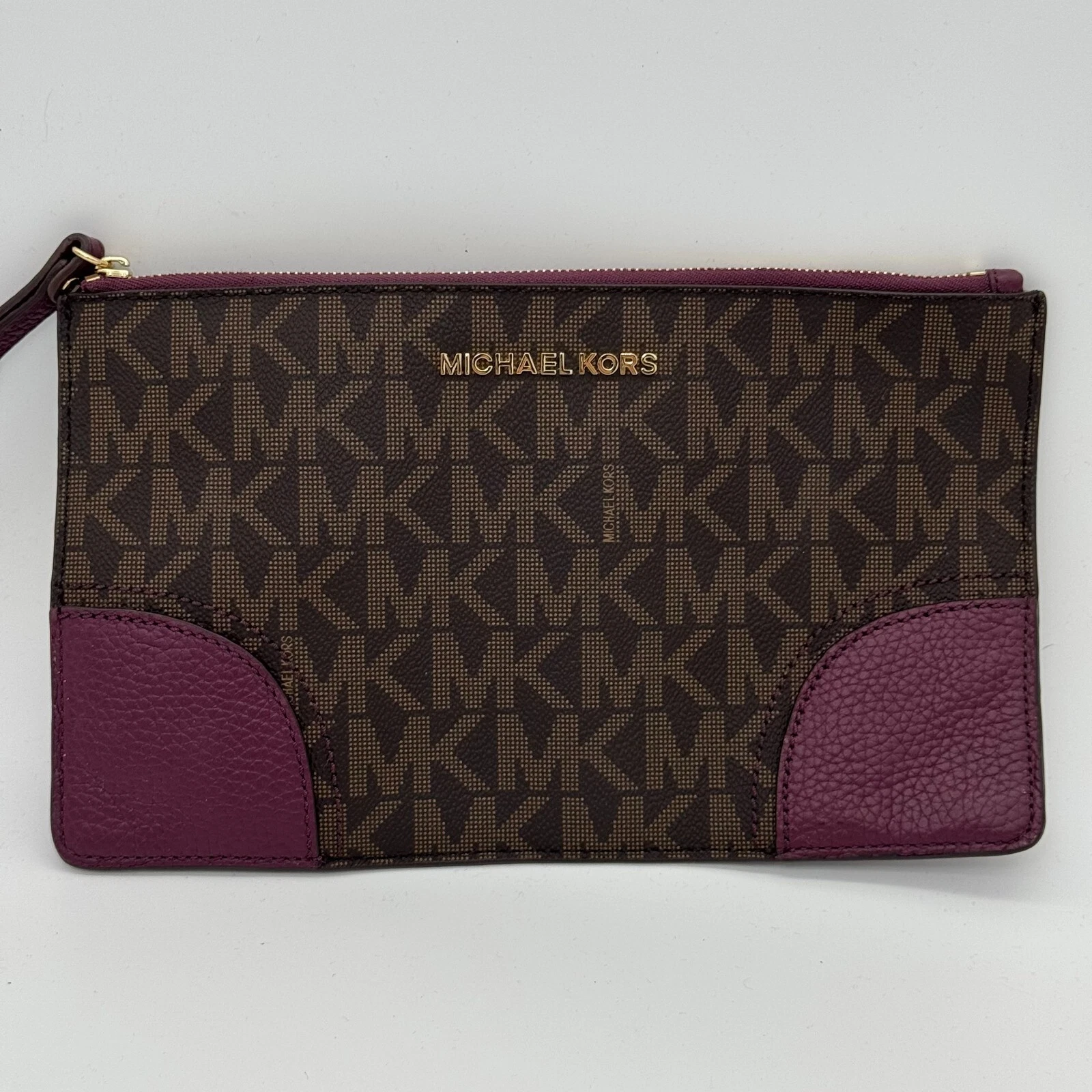 Borsa Michael Kors Hattie pochette e polsini donna grande marrone prugna zip nuova