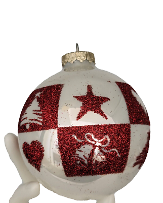 Vintage Christmas Ornaments Set of 8 Glass Red White Glitter with
